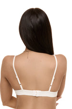 Back view of model wearing Formation ivory xali bralette with adjustable straps and adjustable under band